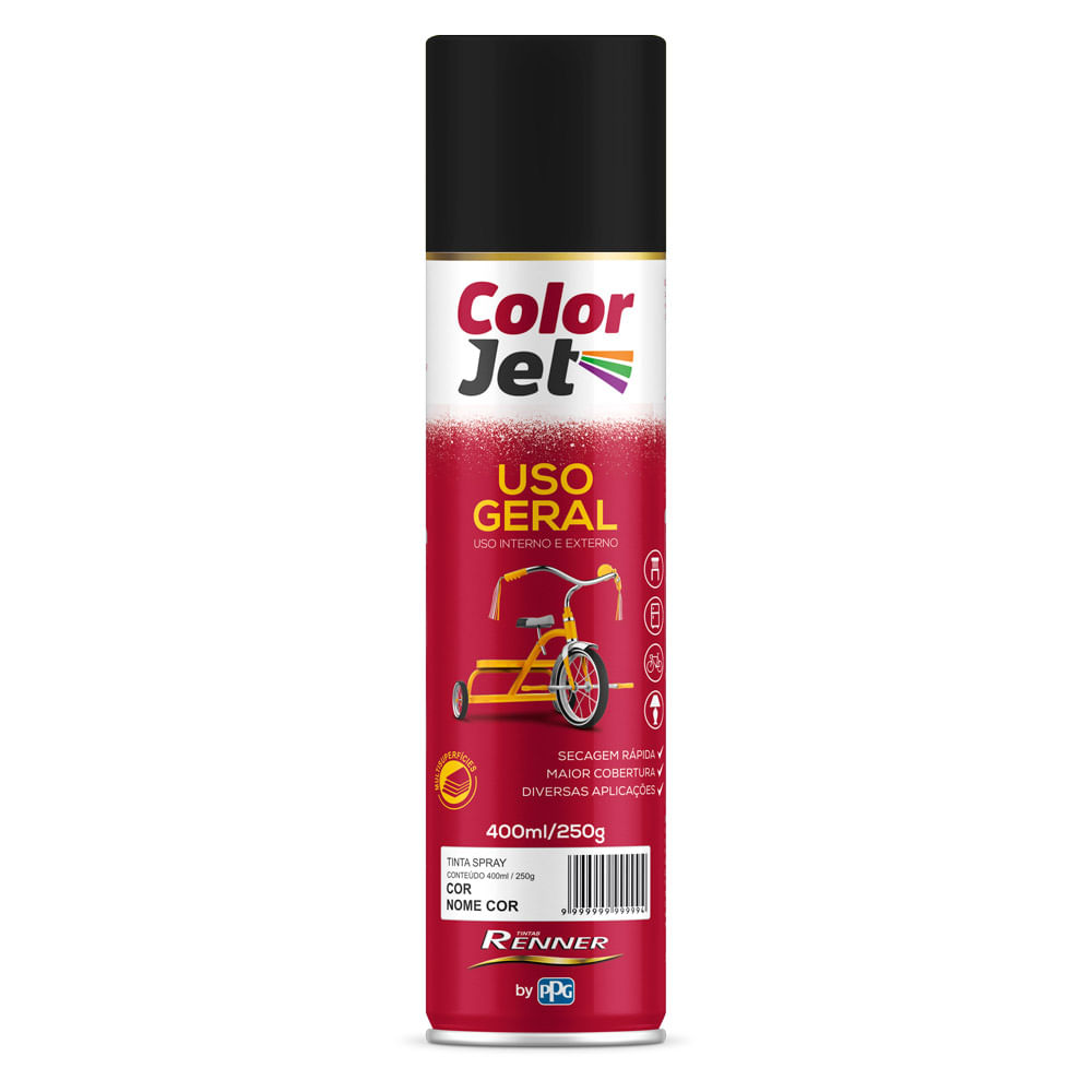 Tinta Spray Color Jet USO GERAL *Preto Brilhante 400ml - TINTAS RENNER