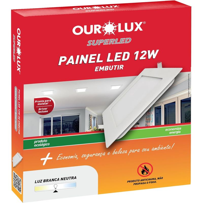 Painel Superled Embutir 12W Bivolt 6500K Quadrado Ourolux