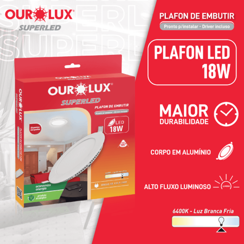 Plafon Superled Embutir 18W BIV 6400K Redondo