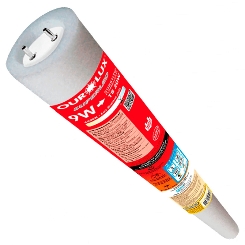 Lâmpada Superled Tube Glass T8 9W 6500K Bivolt Luz Branca OUROLUX