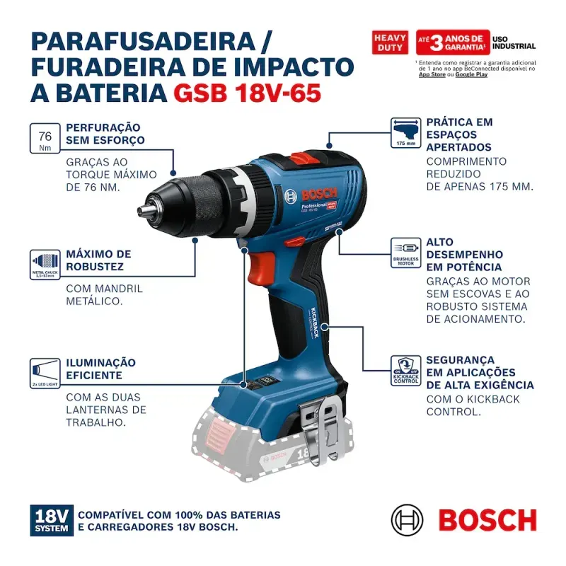 Parafusadeira Furadeira Bosch GSB 18V-65 + 2 Baterias 2.0 Ah + Carregador